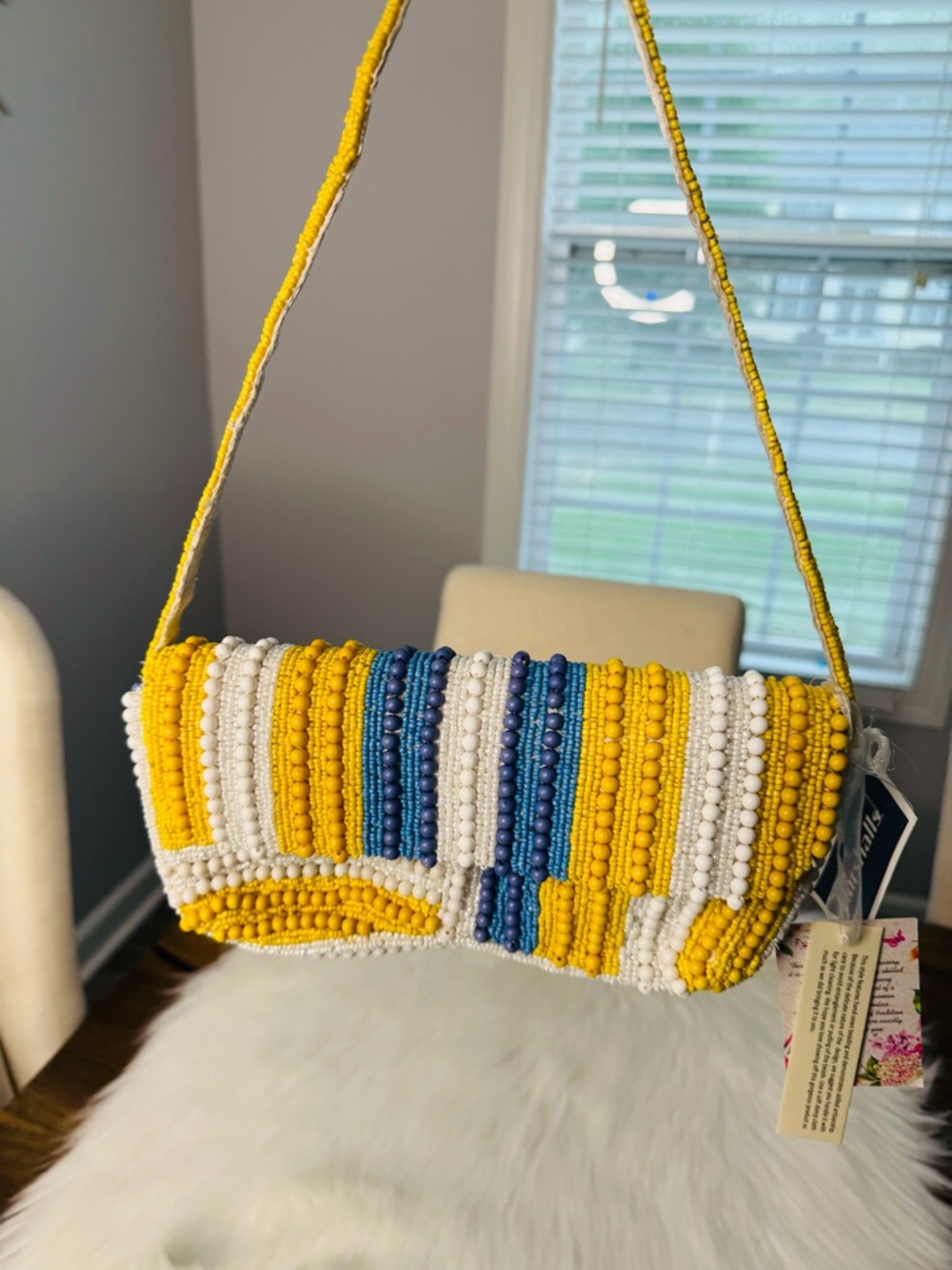 T.J.Maxx Yellow White & Blue Beaded Shoulder Bag